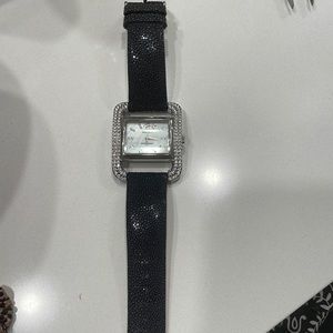 Badhley mischka black leather and rhinestone watch